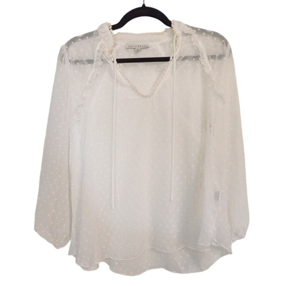 Haute Monde White‎ Swiss Dot Ruffle V-Neck Sheer Blouse Top Large Womens